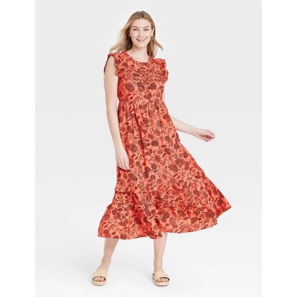 Universal Thread Orange Floral Tiered Summer Boho Midi Dress - Size XS - Picture 1 of 11